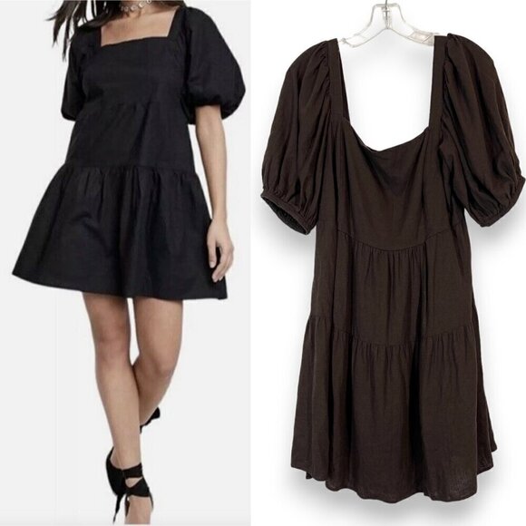 Brown Babydoll Linen Dress Mini Peasant Medium - Picture 2 of 11